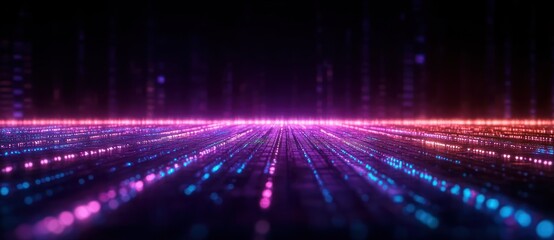 Futuristic digital landscape with glowing pink and blue light streaks converging towards a horizon, creating a sense of depth and technological advancement