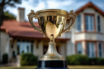 Shiny golden trophy cup displayed outdoors with a large house and green bushes in the background under a partly cloudy sky