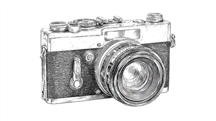 Detailed pencil sketch of a vintage camera