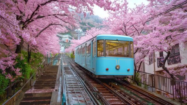 Funicular railway blue train moving on tracks through vibrant pink cherry blossom trees in spring with stairs and urban buildings background