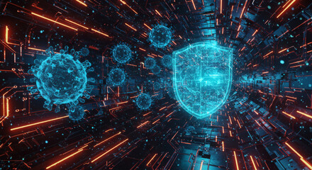 Digital immunity concept with a glowing shield safeguarding against viral threats in a futuristic, interconnected technological network, illustrating robust cybersecurity and data protection