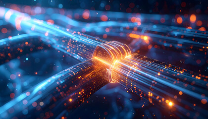 Abstract digital artwork showcasing glowing fiber optic cables and data transmission with bright light effects.