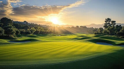 Sunrise over a lush green golf course with sand bunkers and trees under a partly cloudy sky casting long shadows