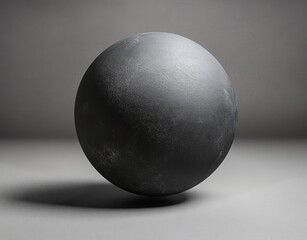 A textured matte black sphere casting a soft shadow on a smooth neutral surface with subtle lighting and gradient gray background