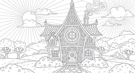 Naklejka premium Whimsical house coloring page