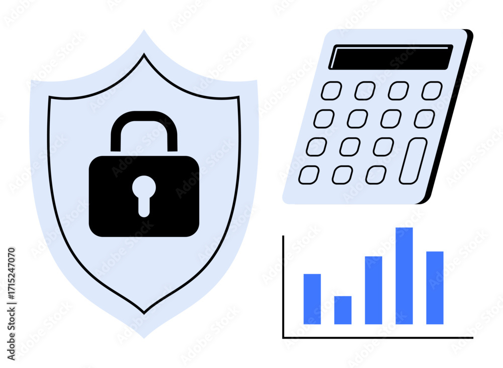 Poster shield with lock highlighting security, calculator symbolizing finance, and bar graph for data analy