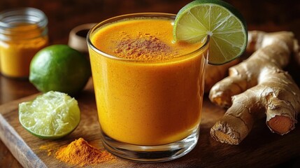 Close-up of a vibrant orange turmeric smoothie garnished with a slice of fresh lime, placed on a wooden board with fresh lime halves, turmeric powder, and ginger roots