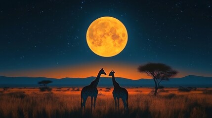 Two giraffes standing close together in a savannah at night under a large bright full moon with a starry sky and silhouetted trees