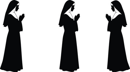 Silhouette of praying nuns in traditional habit, Christian women devotion, Catholic sisters worship, religious spirituality, holy faith, peaceful prayer illustration