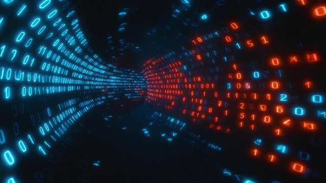 Digital tunnel glowing with blue and red binary code stream futuristic data flow technology concept showcasing dynamic immersive digital code tunnel