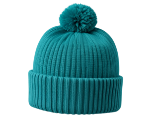 Teal Knitted Beanie Hat with Fluffy Pompom PNG