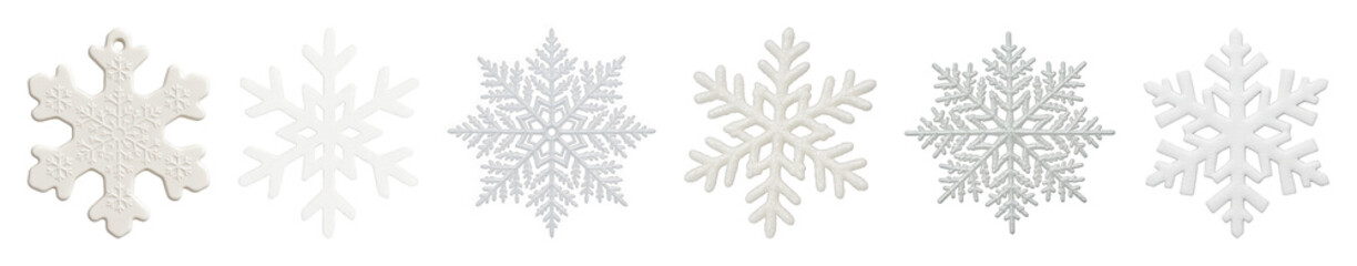 White and silver snowflake ornament set including glitter and matte designs isolated. Winter holiday decorations and festive elements.