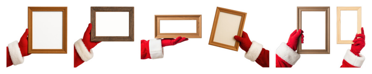 Santa Claus hands set including various wooden picture frames isolated. Festive Christmas holiday messages and announcements.