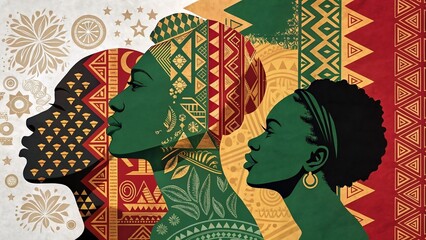 Powerful illustration of Black women celebrating African heritage with traditional tribal art patterns.