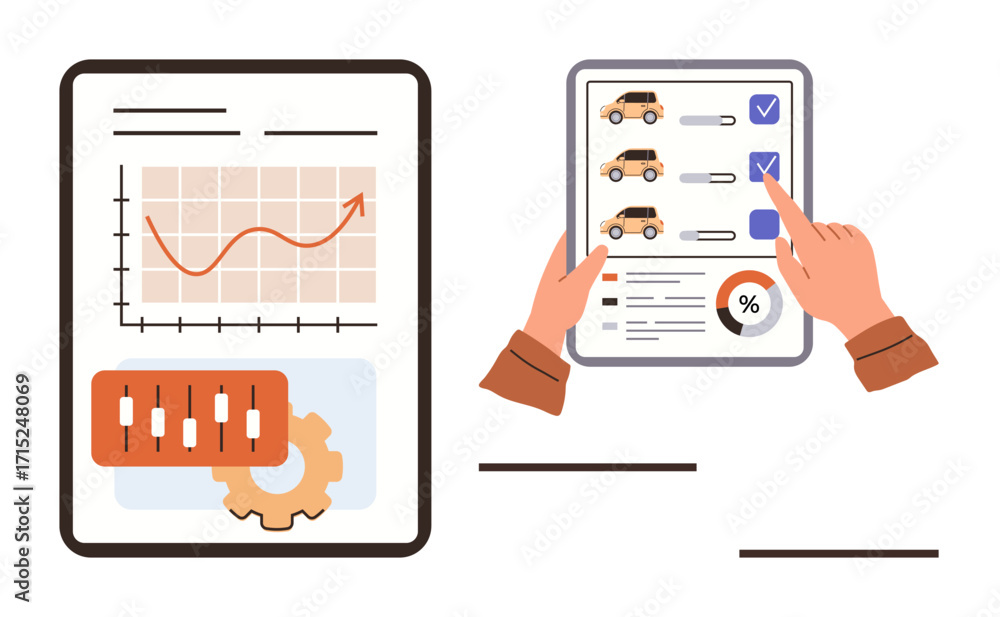 Aufkleber data charts with growth metrics and tablet screen featuring car comparison. hands interacting with i