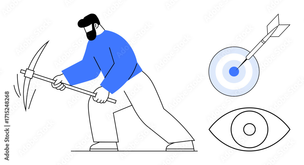 Poster man using pickaxe for mining activity, accompanied by a bullseye and an eye symbol. ideal for focus,