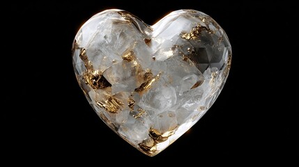 A heart-shaped, frosted glass object, textured with gold flecks, against a black background