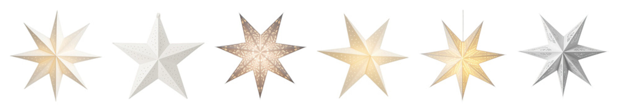 Paper star decoration set including illuminated and unlit, perforated, and cutout designs isolated. Festive holiday decor collection.