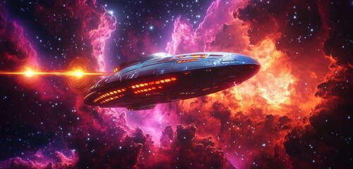 Futuristic spaceship flying through vibrant colorful nebula clouds in deep outer space with glowing stars and cosmic lights