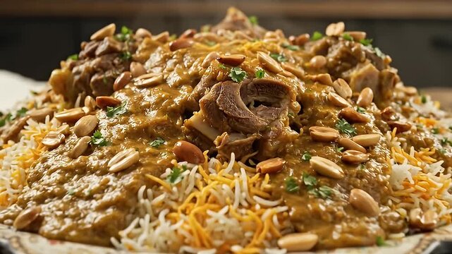 Delicious Arabic Lamb Mandi with Rice, Peanuts, and Parsley in a Traditional Platter