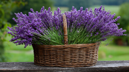 Lavender flowers arranged in a wicker basket on a wooden surface with a blurred green landscape in the background, showcasing the vibrant purple color and natural beauty.