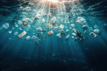 Underwater scene showing sunlight filtering down through water with numerous pieces of floating plastic pollution disrupting marine environment