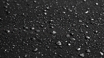 Fototapeta premium Close-up of water droplets scattered on a dark rough surface reflecting light with a moody and cool atmosphere
