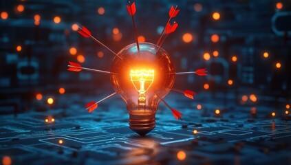 Glowing light bulb pierced by multiple red arrows surrounded by blue digital circuit board and floating orange light particles conveying tension and innovation