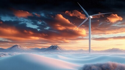 Single wind turbine standing on snowy rolling hills with distant mountains under a dramatic orange and blue cloud-filled sky at sunset