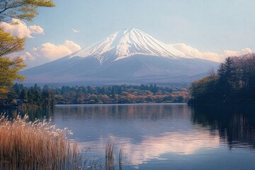 Serene lake with tall reeds in foreground reflecting a distant snow-capped mountain under a clear sky with soft clouds, surrounded by autumn trees