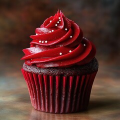 Close-up of a chocolate cupcake with rich red frosting and white sugar pearls in a red cupcake liner on a blurred brown background
