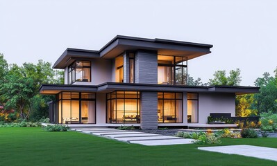 Modern two-story house with large glass windows, surrounding lush green lawn, and warm interior lighting at dusk, evoking calm and contemporary living