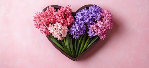 Colorful pink, purple, and lilac hyacinth flowers arranged beautifully inside a heart-shaped chocolate box against a soft pink background, evoking feelings of love and springtime