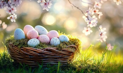 A rustic wicker basket filled with pastel-colored speckled eggs nestled on mossy grass under blooming branches in soft golden sunlight