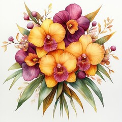Vibrant bouquet of yellow and purple orchids surrounded by green leaves and small round berries against a white background