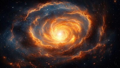 Bright swirling orange and blue nebula with a glowing center star in outer space surrounded by scattered stars and cosmic dust