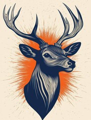 Stylized detailed illustration of a majestic deer head with large antlers and radiant orange burst background conveying strength and wilderness