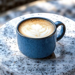 Close-up of a blue ceramic mug with a heart-shaped latte art on cappuccino resting on a speckled white table outdoors