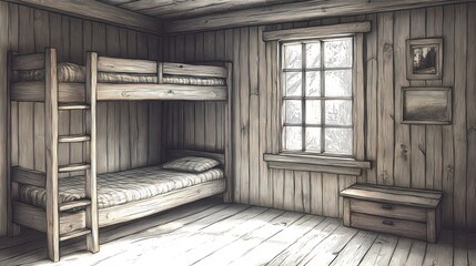 Cozy rustic wooden room with bunk beds, a window letting in daylight, a small wooden chest of drawers, and paintings on the wall, evoking simplicity and calm