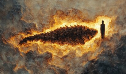 dark silhouette of a person standing beside a large fiery carved shape resembling a fish surrounded by glowing flames and smoky clouds in a dramatic intense scene