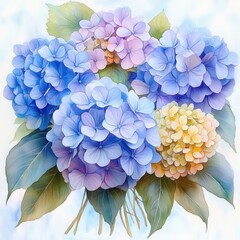 Delicate watercolor bouquet of multicolored hydrangea flowers with green leaves against a soft light background