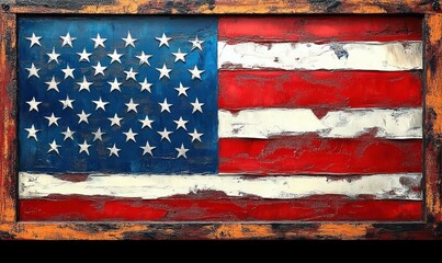 Textured painted representation of the United States flag with 50 stars on blue field and red and white stripes, framed with worn orange wooden border