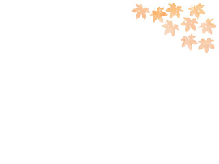 モミジの紅葉イメージの背景素材。かわいい葉っぱのシルエット。やさしい色調で水彩のテクスチャー。光や水滴の輝き。右上に挿絵のあしらい。