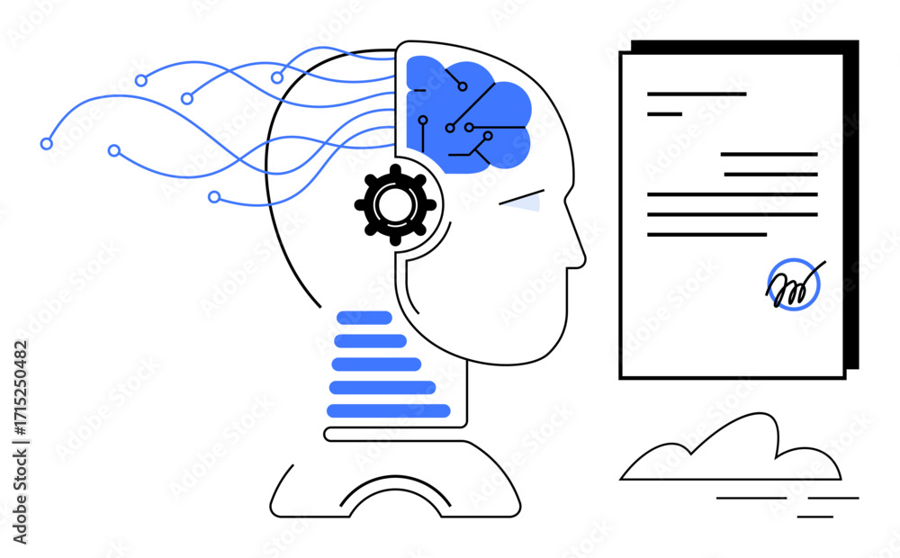 Poster futuristic ai head with neural data flow connected to a document. ideal for technology, automation, 