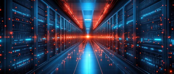 Modern symmetrical data center corridor with glowing servers on both sides emitting blue and red lights and a bright vanishing point in the distance