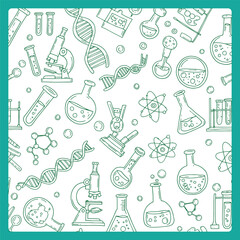 Science and Laboratory Equipment Seamless Pattern with DNA Flasks and Microscopes.