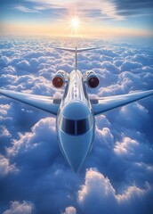 A sleek private jet flying above dense white clouds under a bright sun in a clear sky during sunrise or sunset, evoking a sense of freedom and adventure