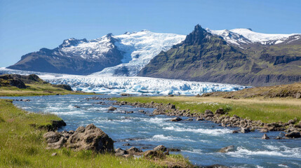 Glacial river flowing through green grass with snow-capped mountains in the background under a clear blue sky and bright sunlight creating a stunning landscape view.