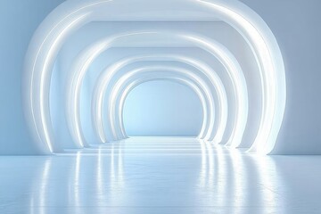 Obraz premium Bright futuristic tunnel with glowing white curved arches creating depth and reflections on smooth floor in a minimalistic light blue environment