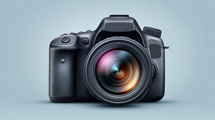 A dark gray DSLR camera, front-facing, with a large lens showcasing colorful bokeh